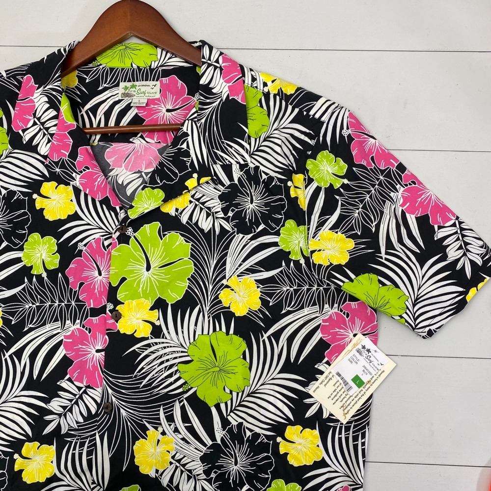 US Surf Club Hawaiian Shirt Mens Large Neon Hibiscus Floral Button Down Loop